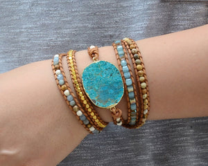 Ocean Blue Stone Bracelet Boho 5X Leather Friends Bracelet