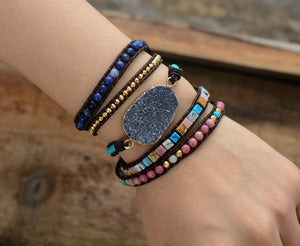 Women Leather Bracelets Unique Natural Stones -  Druzy Charm 5 Strands