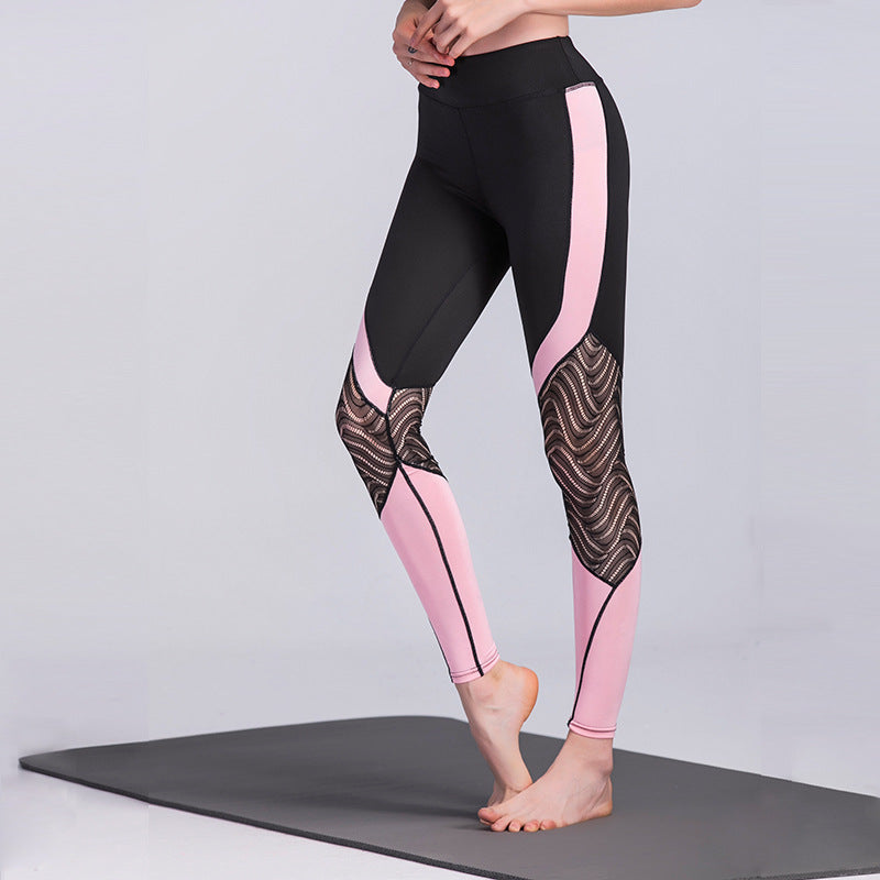 New black lace stitching pink sporty Leggings mesh side panel Yoga Pants