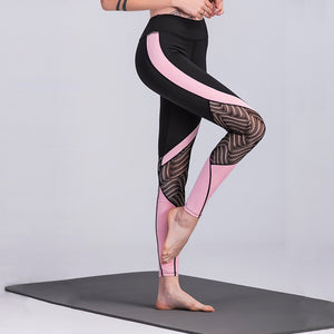 New black lace stitching pink sporty Leggings mesh side panel Yoga Pants