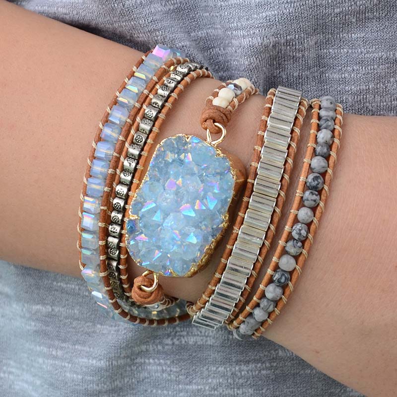 Leather Bracelets Unique Mixed Natural Stones Gilded Druzy Charm - Light Blue