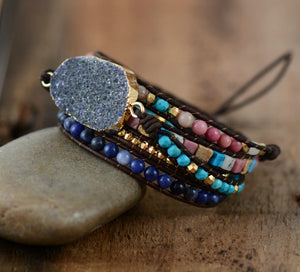 Women Leather Bracelets Unique Natural Stones -  Druzy Charm 5 Strands