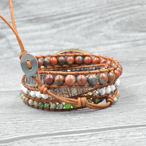 Women Summer Boho Bracelet -Natural Stone Leather Wrap Bracelet 5 Layers - Handmade Cuff Bracelets