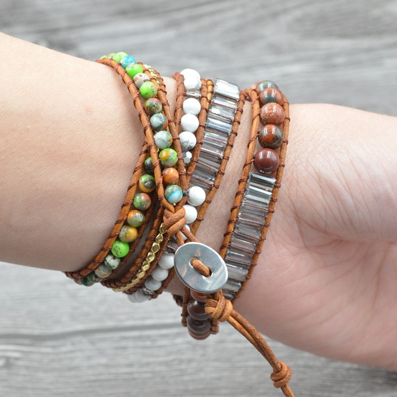 Women Summer Boho Bracelet -Natural Stone Leather Wrap Bracelet 5 Layers - Handmade Cuff Bracelets