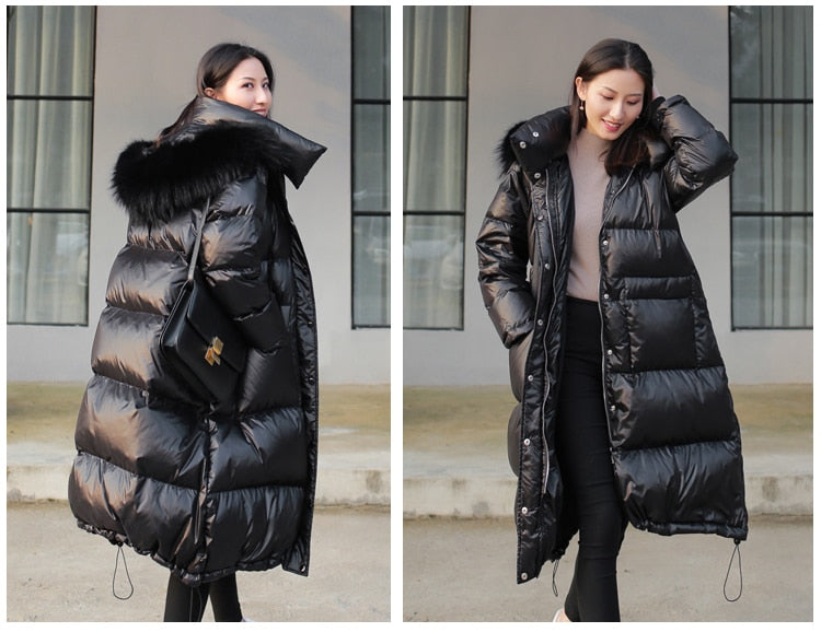 Women's winter black loose faux fur collar coat