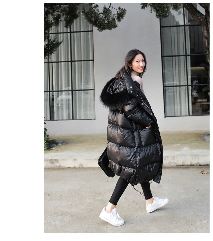 Women's winter black loose faux fur collar coat