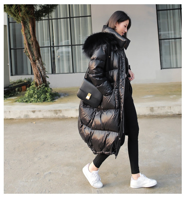 Women's winter black loose faux fur collar coat