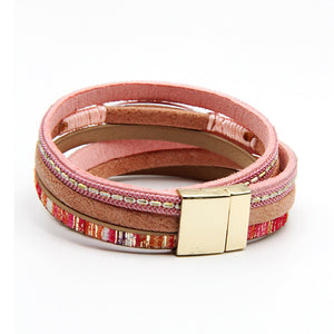 Women Leather Bracelet With Gold Color Rhinestones